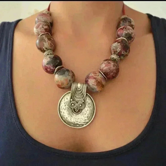 CERAMIC beaded greek statement necklace w/ silver disk pendant - Picture 1 of 7
